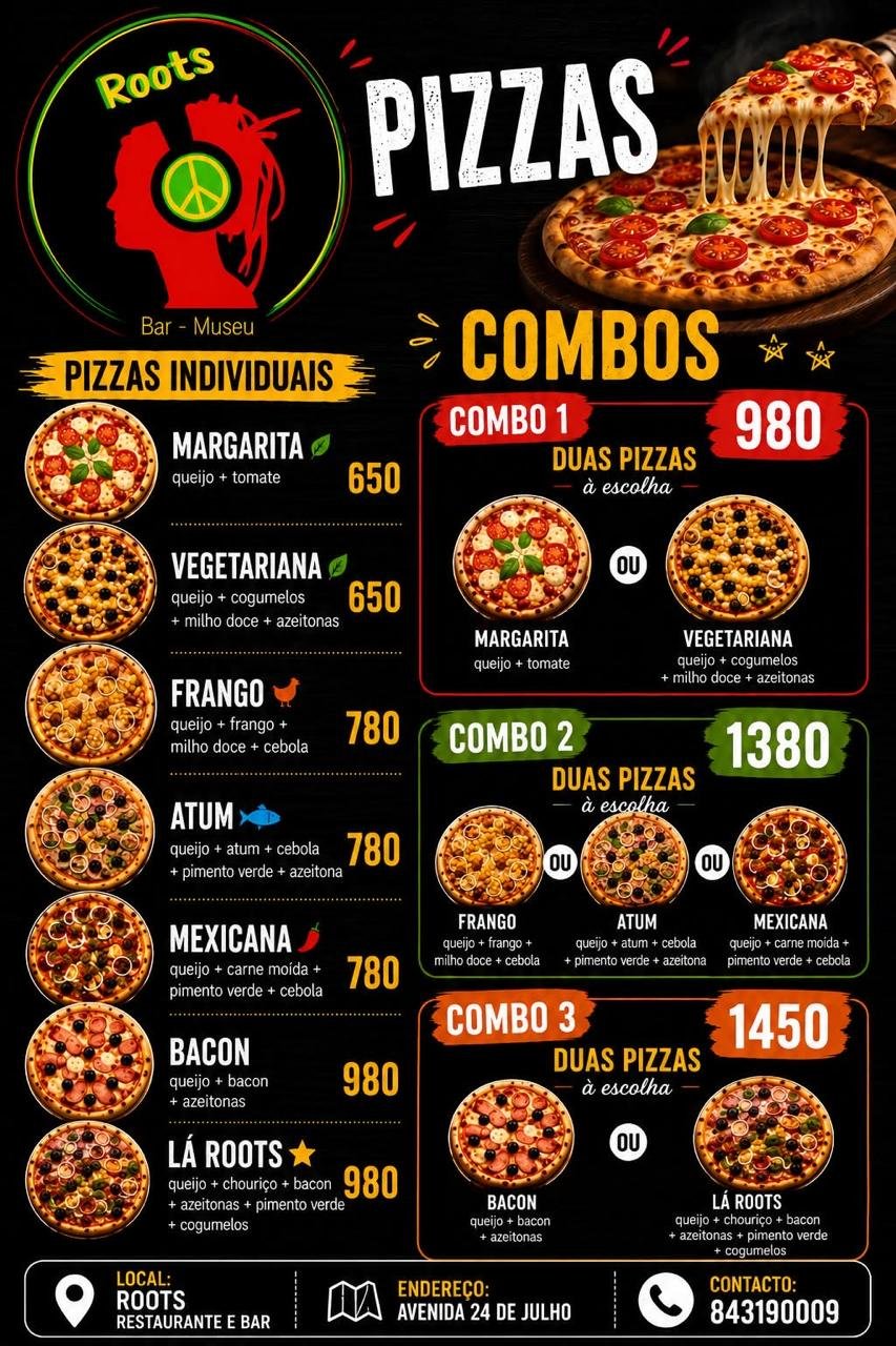 Menu de pizzas do Roots